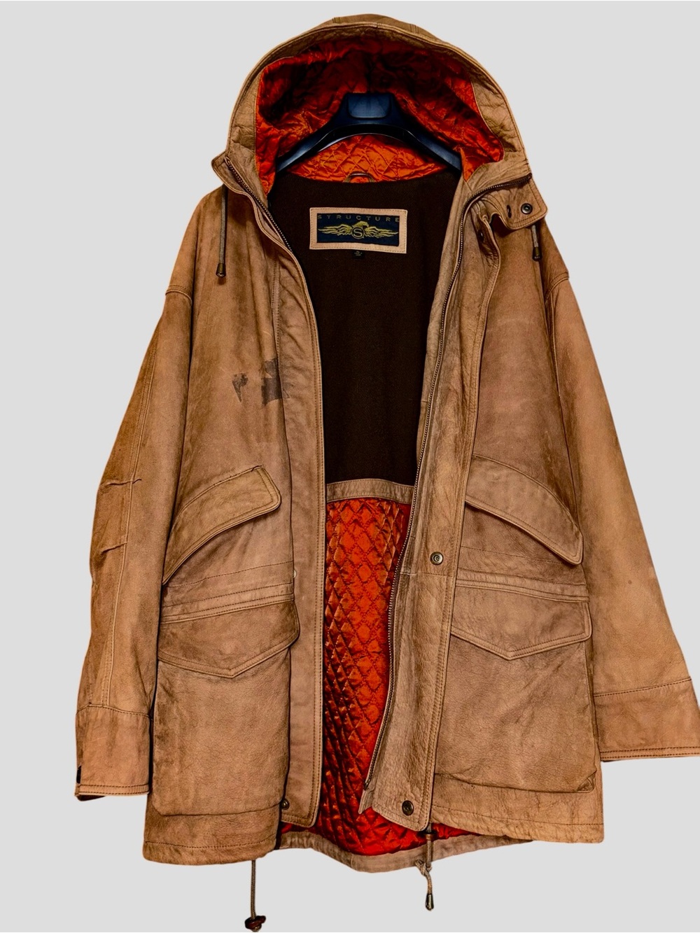 Vintage Leather Suede Indiana Jones Bomber Utility Coat Hood Pockets Barn Jacket